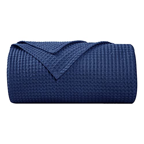 PHF 100% Baumwolle Decke 220x240cm, Weiche Waffelpique Tagesdecke, Leichte Kuscheldecke Wohndecken, Überwurf für Sofa Seesel Bett, 220x240cm, Navy Blau