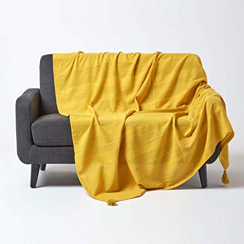 Homescapes Tagesdecke Rajput aus 100% Baumwolle, gelb, 150 x 200 cm – Sofaüberwurf Überwurfdecke Couchüberwurf in RIPP-Optik