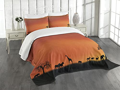 ABAKUHAUS Afrika Tagesdecke Set, Safari Sonnenuntergang mit Gull, Set mit Kissenbezügen Klare Farben, für Doppelbetten 264 x 220 cm, Dunkelorange Schwarz