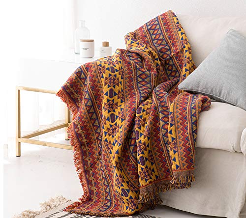 Tagesdecke Wohndecke Baumwolle Bett Überwurf Sofaüberwurf Couchdecke Boho Stil mit Zweiseitig Unterschiedliches Geometrisches Muster für Sofa und Sessel 90X210 cm Gelb Rot Blau