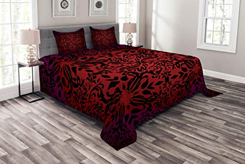 ABAKUHAUS rot schwarz Tagesdecke Set, Orient Blumen Blätter, Set mit Kissenbezügen Waschbar, für Doppelbetten 264 x 220 cm, Schwarz Bordeauxrot