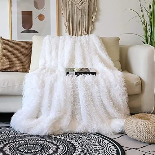 ARKEY Zotteldecke aus Kunstfell, weich, lang, warm, elegant, gemütlich, flauschig, als Tagesdecke geeignet, Fleece, weiß, 160 x 200 cm