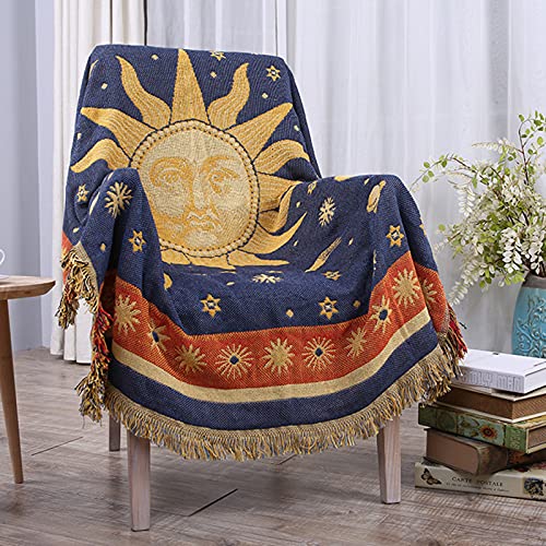 Sonne und Mond Tagesdecke mit Fransen,Doppelseitig Baumwoll Gewebt indianer decke 130X 180CM - Eignet Sich als Couchdecke bettüberwurf Sesseldecke und auch als sofaüberwurf,Gelb/Blau