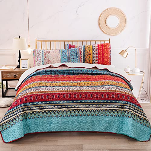 WONGS BEDDING Tagesdecke 240x260 cm Bettüberwurf Boho Stil Steppdecke Doppelbett gesteppt Mikrofaser Bettdecke Stepp Decke 3 teilig Wohndecke mit 2 Kissenbezug 50x70cm für Schlafzimmer (Böhmisch)