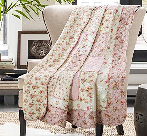 Cozyholy Original 100% Baumwolle Patchwork Quilt Twin Size Pink Floral Tagesdecke Coverlet Reversible Vintage Shabby Chic Quilted Throw Blanket Bed Quilt Cover for Couch Sofa