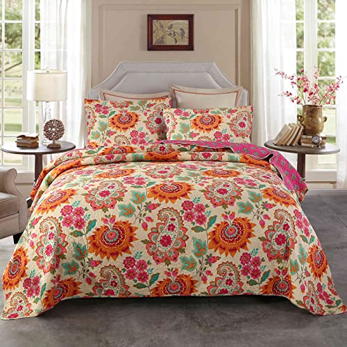 Qucover Tagesdecke Baumwolle 230x250 cm Bettüberwurf 220x240 Doppelbett Sofa Überwurf mit Paisley Sonnenblume Muster Gesteppte Decke in Vintage Stil